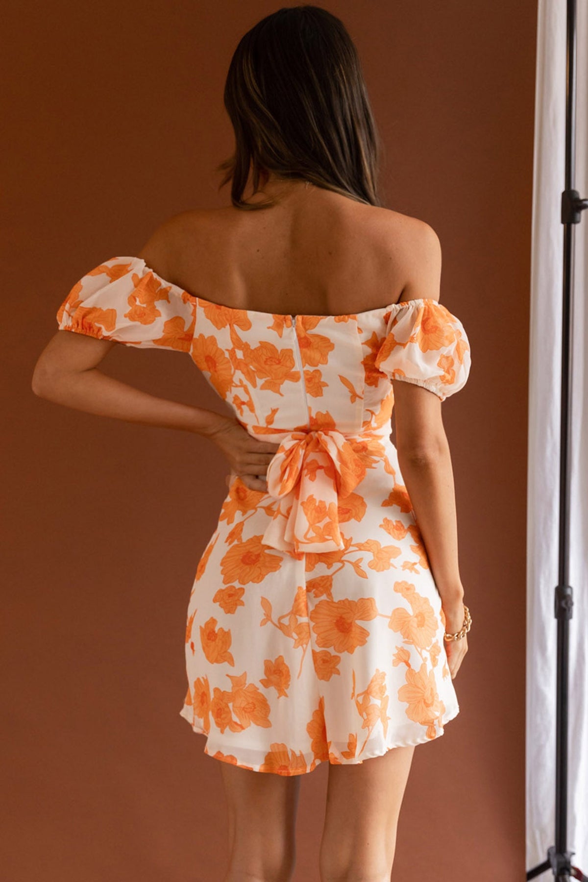 Linka Puff Sleeve Waist Tie Dress Floral Orange