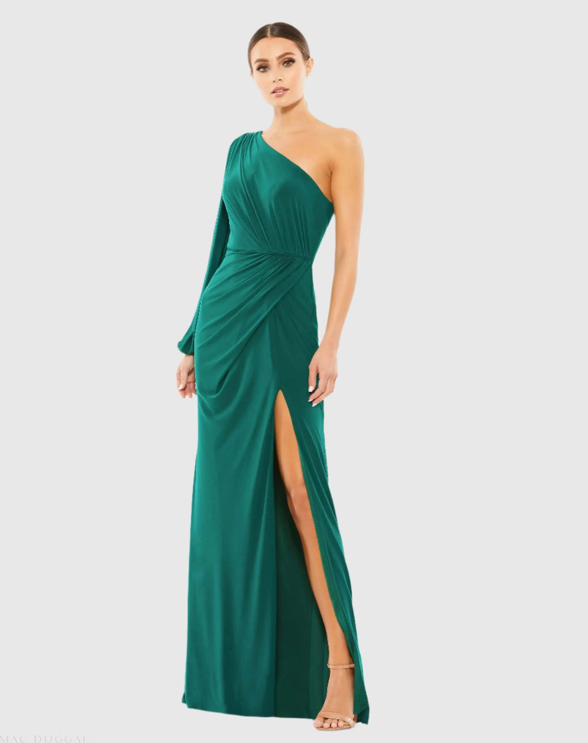 Green One Shoulder Puff Sleeve Faux Wrap Gown