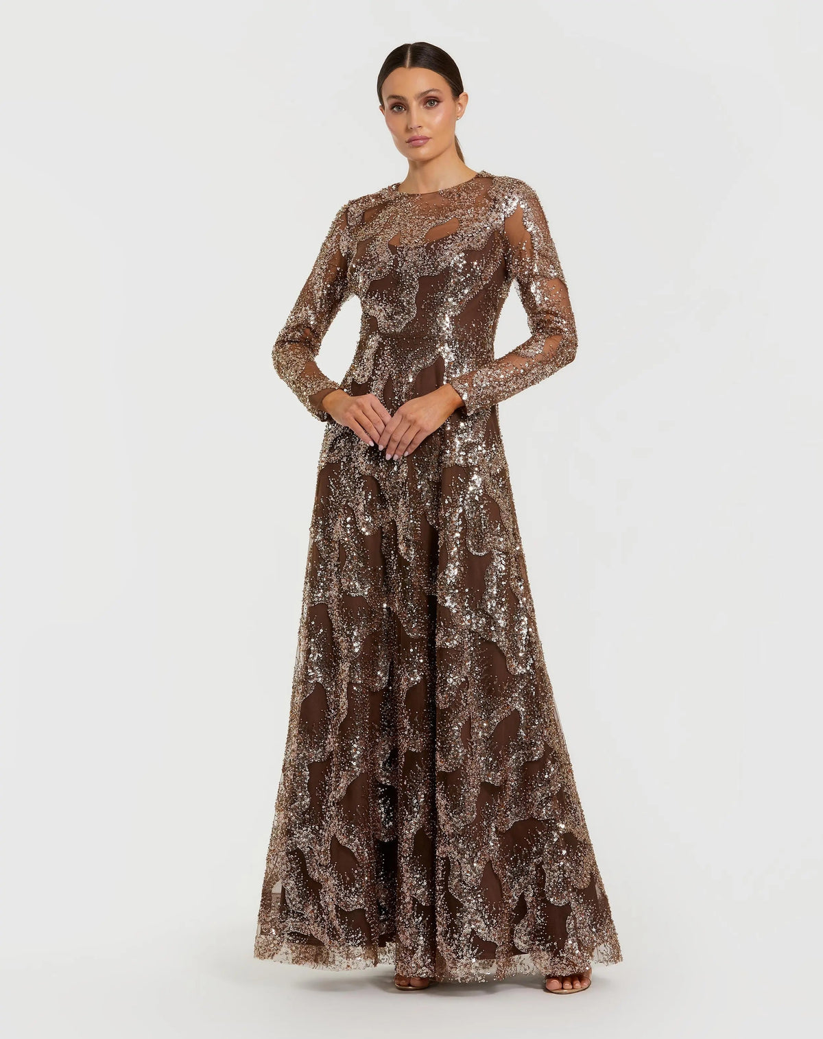Brown Embellished Long Sleeve High Neck Evening Gown