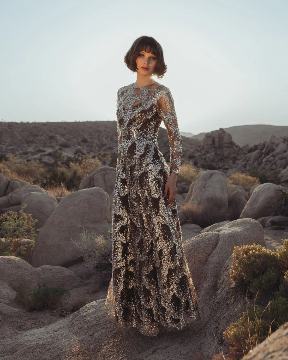 Brown Embellished Long Sleeve High Neck Evening Gown