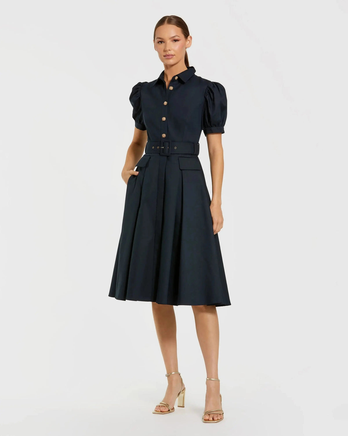 Navy Puff Sleeve Belted Midi Shirt Dress