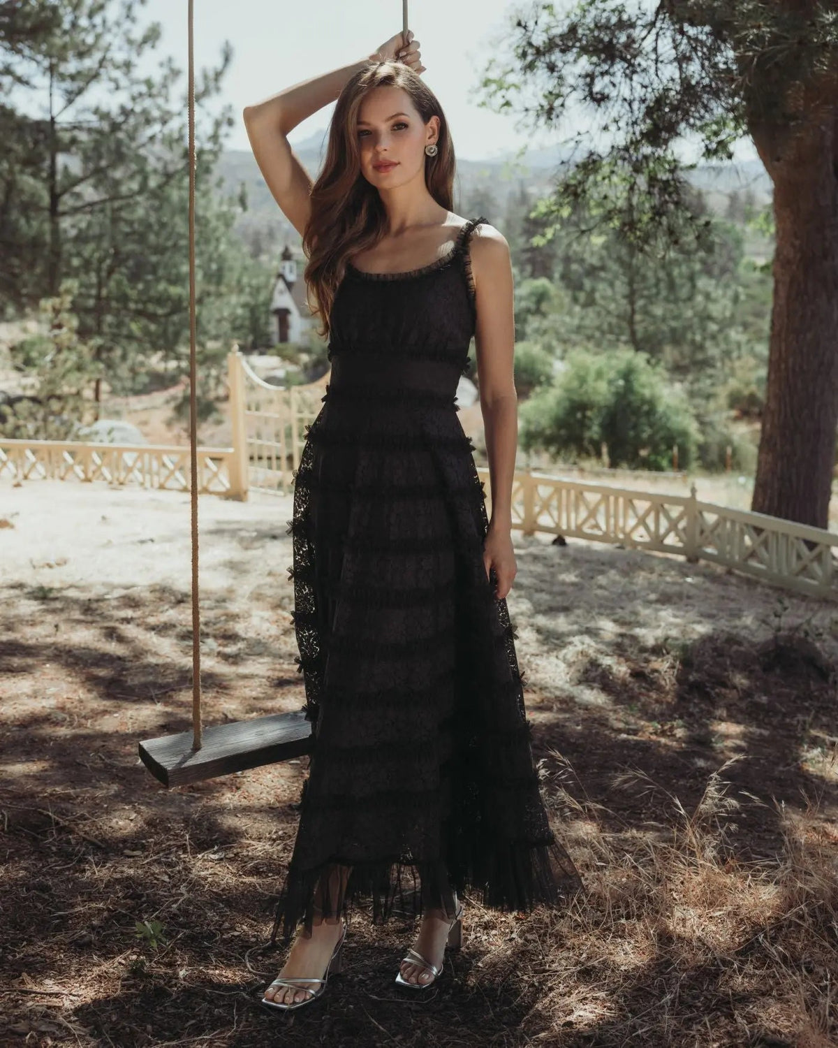 Black Sleeveless Lace A Line Midi Dress With Ruffles