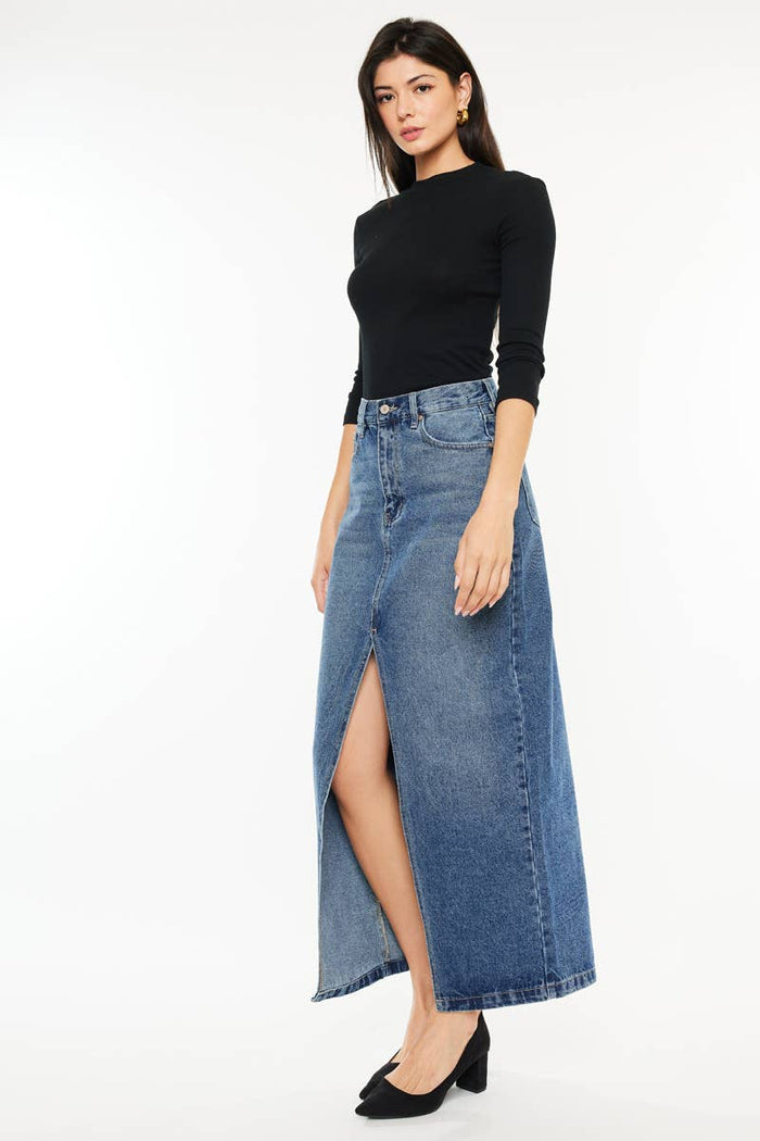 90'S DENIM MAXI SKIRT-KC7868M: MEDIUM / L