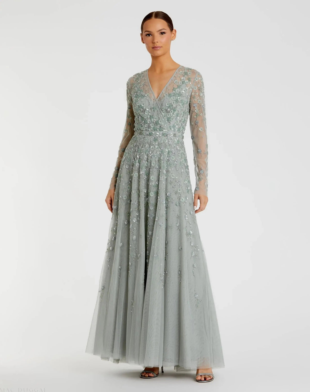 Embellished Wrap Over Illusion Long Sleeve A Line Gown