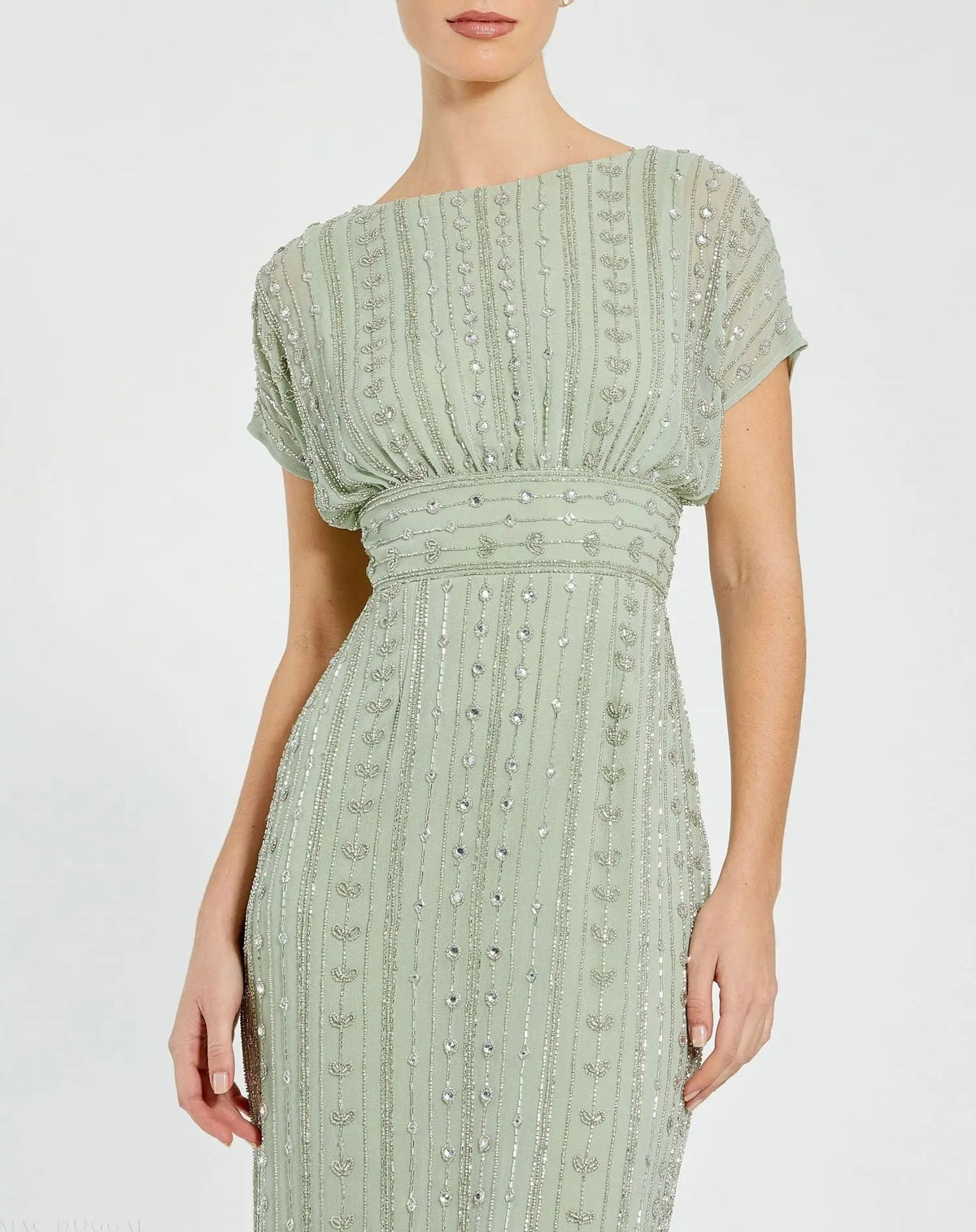 Green Beaded Cap Sleeve Empire Waist Sheath Midi Dress