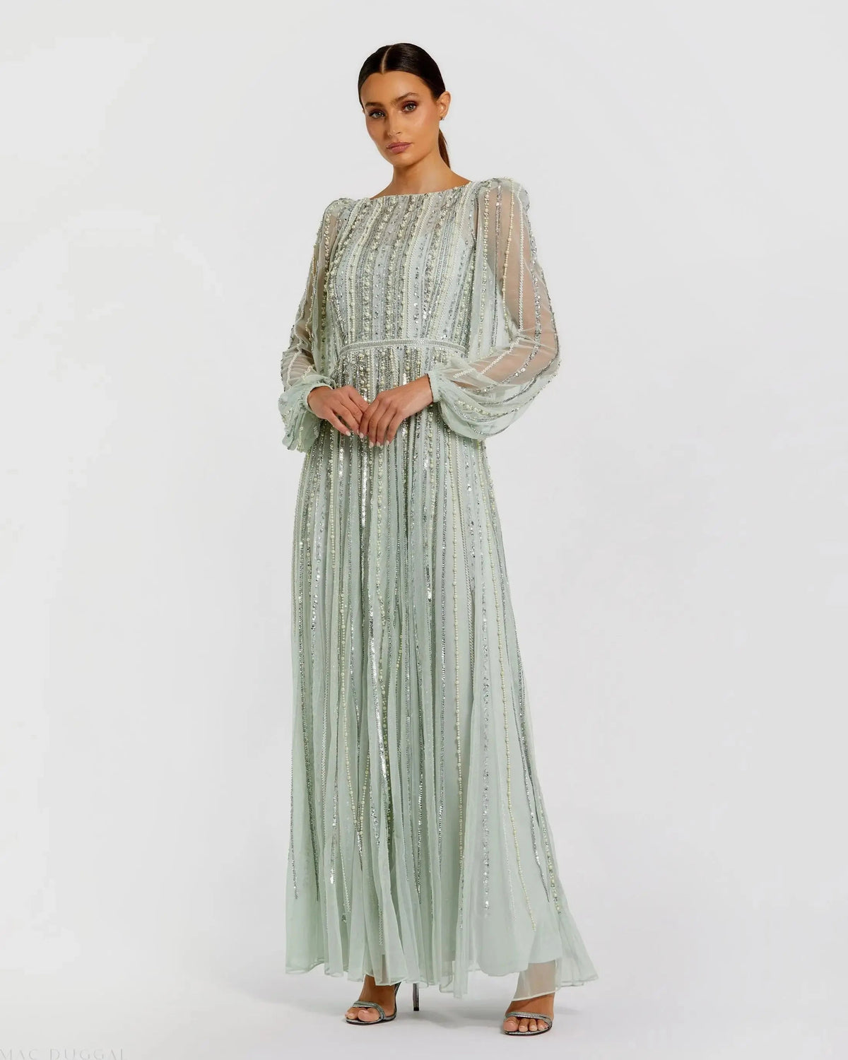 Green Boat Neck Long Sleeve Beaded Gown