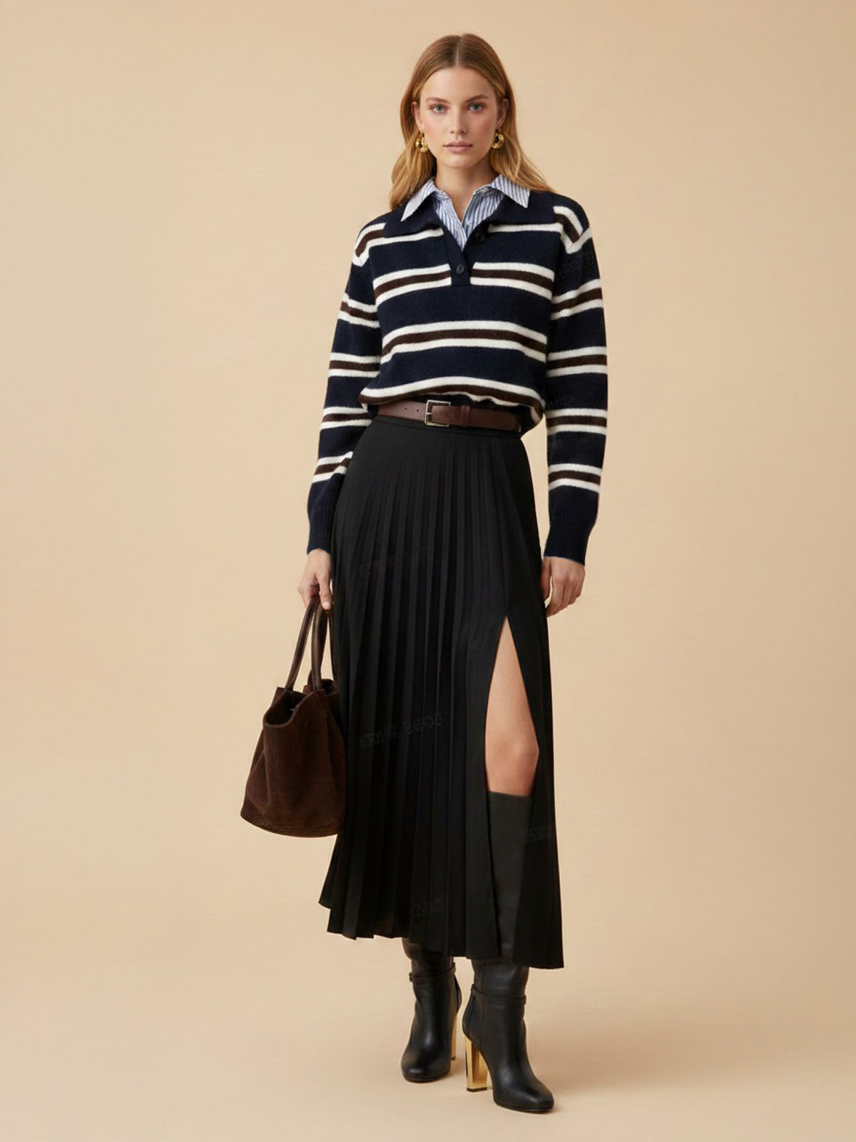 Shirt Panel Striped Polo Knit Sweater
