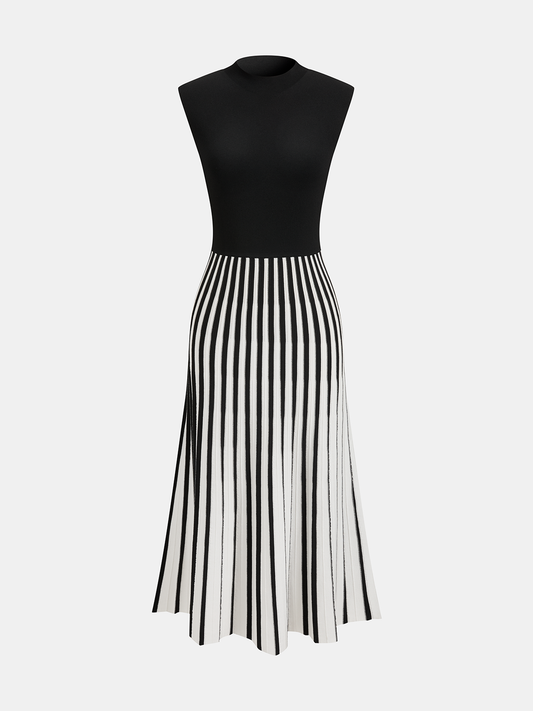 Sleeveless Mock Neck Striped Midi Dress