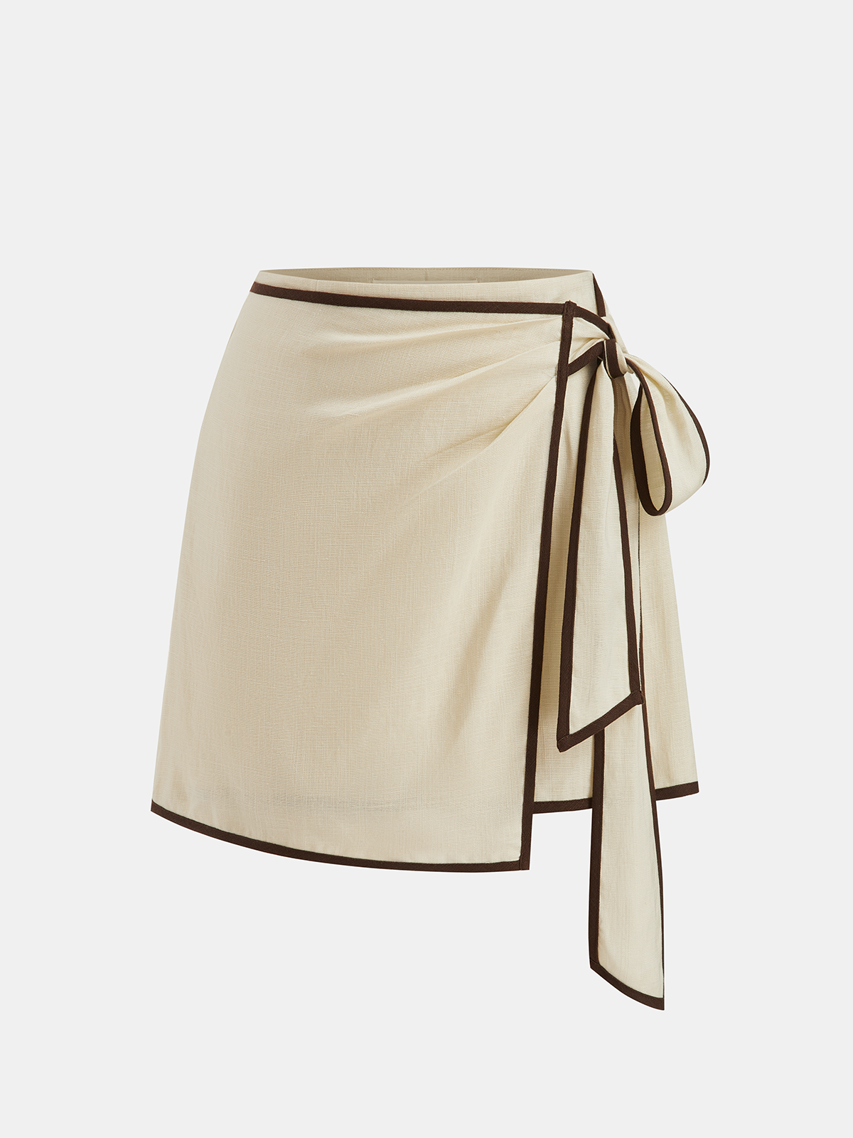 Contrast Piping Linen-Blend Wrap Mini Skirt
