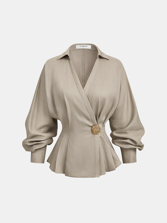 Linen Blend Balloon Sleeve Wrap Blouse