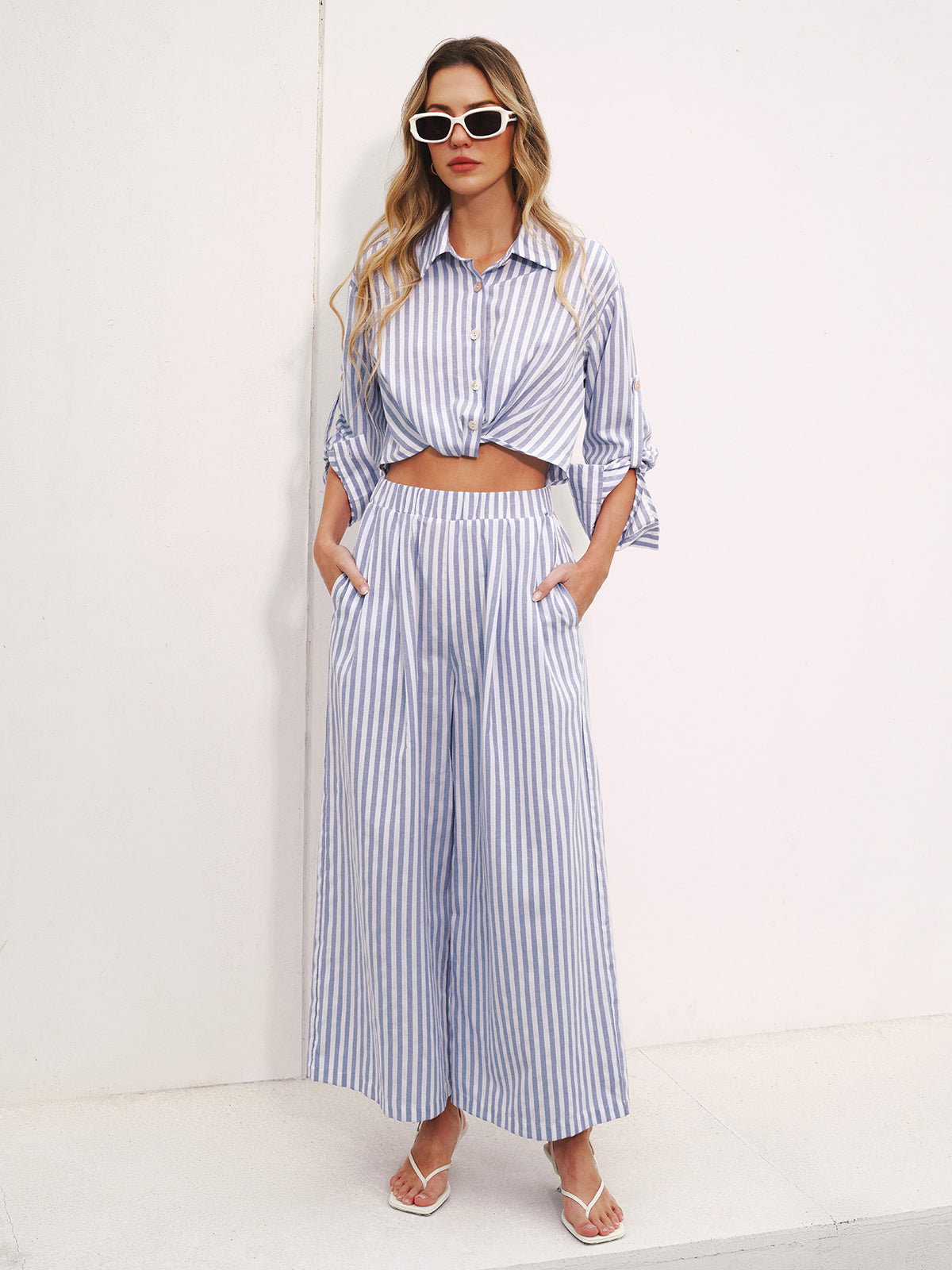 Striped Collared Wide-Leg Jumpsuit