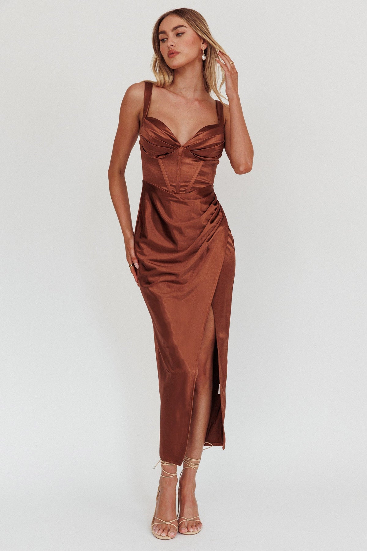 Whimsy Pleated Bust Midi Dress Chocolate