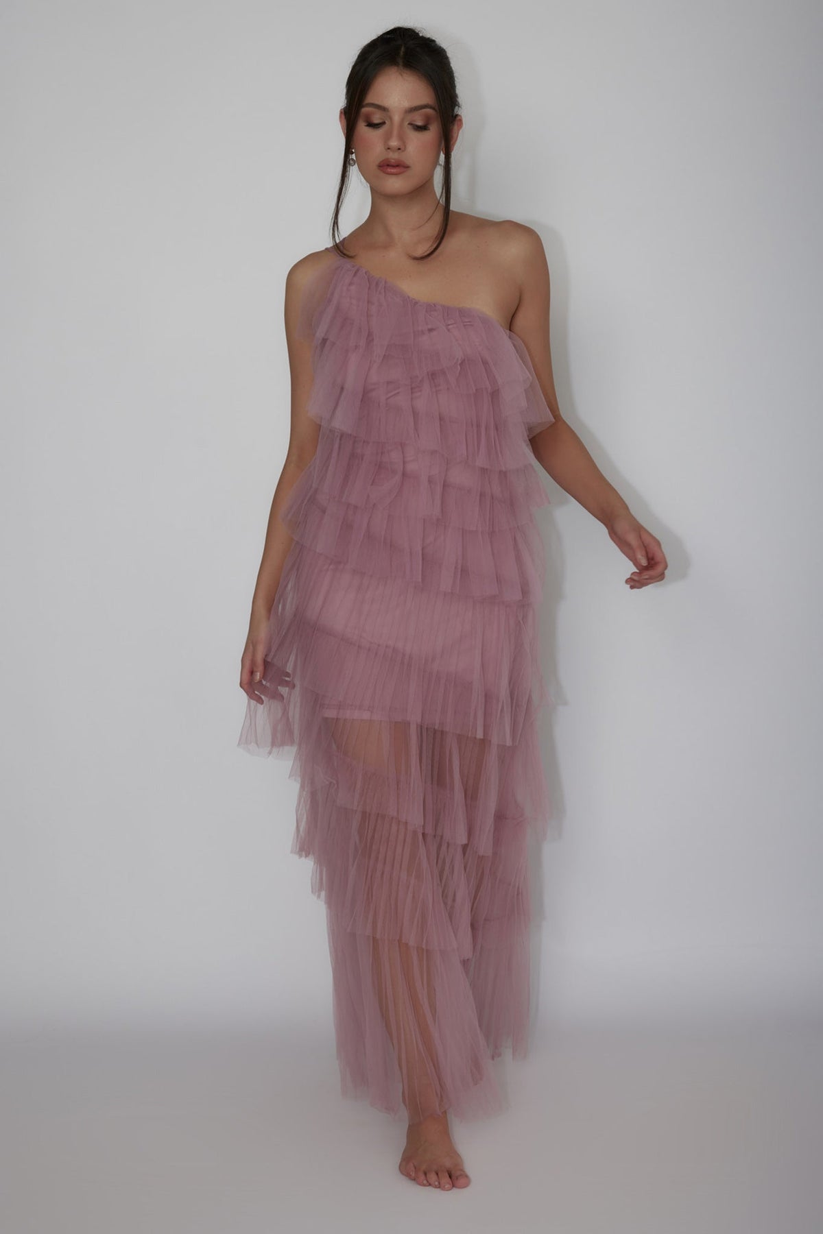Arrabel Tiered Ruffle Tulle Maxi Dress Plum