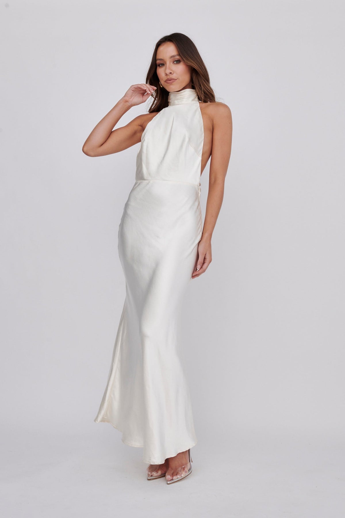 Italia Azure Halterneck Pearl Back Maxi Dress Oyster