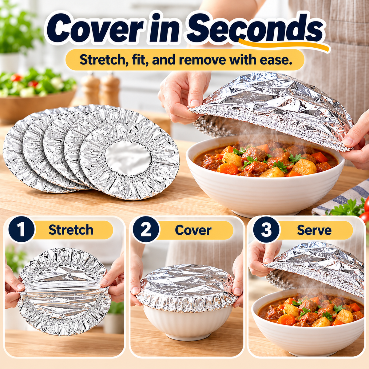 Aluminum Foil Heat-Retaining Food Covers – Stretch-Fit Bowl & Plate Covers for Everyday Meals, Parties & Picnics