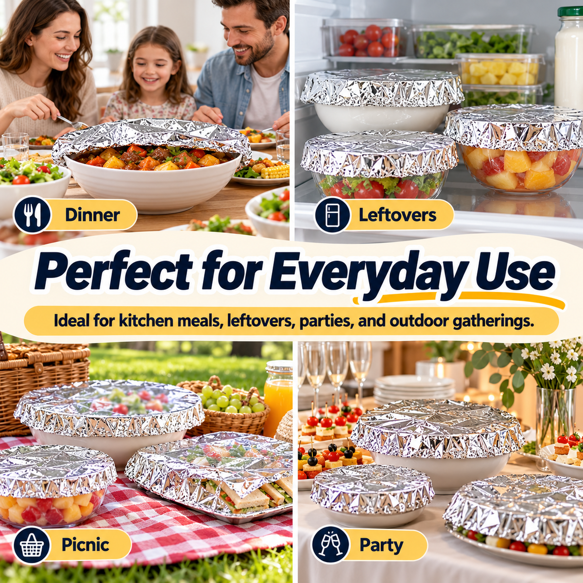 Aluminum Foil Heat-Retaining Food Covers – Stretch-Fit Bowl & Plate Covers for Everyday Meals, Parties & Picnics