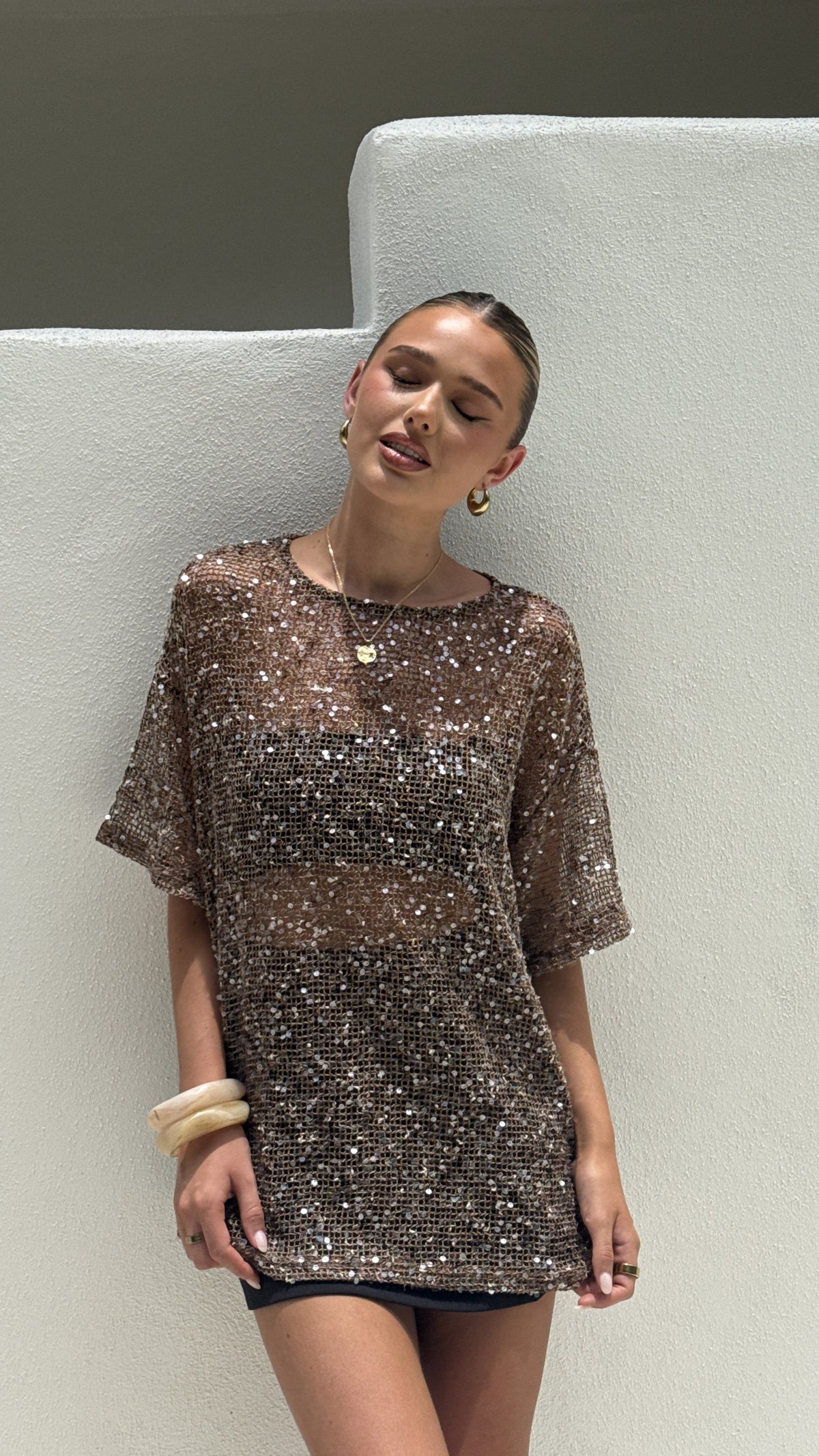 Zinnia Oversized Sequins Tee - Mocha