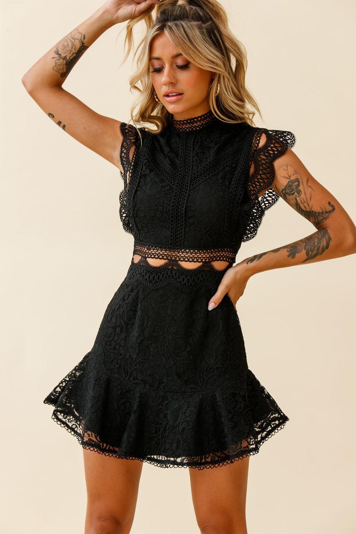 Elisha Crochet Detail Lace Overlay Dress Black