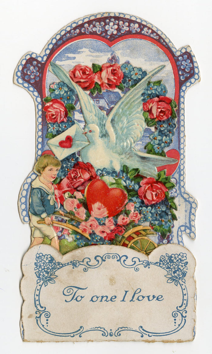 Antique 1920's TO ONE I LOVE Pop-Up VALENTINE, Wheelbarrow, Dove, Hearts