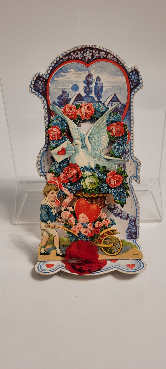 Antique 1920's TO ONE I LOVE Pop-Up VALENTINE, Wheelbarrow, Dove, Hearts