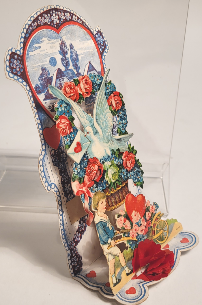 Antique 1920's TO ONE I LOVE Pop-Up VALENTINE, Wheelbarrow, Dove, Hearts