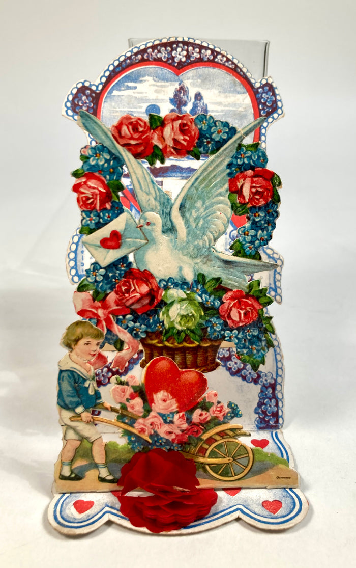Antique 1920's TO ONE I LOVE Pop-Up VALENTINE, Wheelbarrow, Dove, Hearts