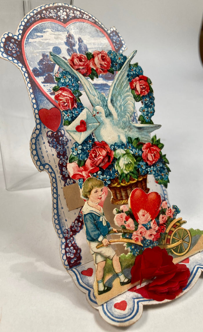 Antique 1920's TO ONE I LOVE Pop-Up VALENTINE, Wheelbarrow, Dove, Hearts