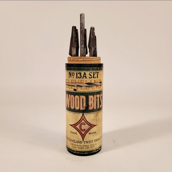 Antique Cleveland Twist Drill Wood Bits Set No. 13A, Drill Heads with Top