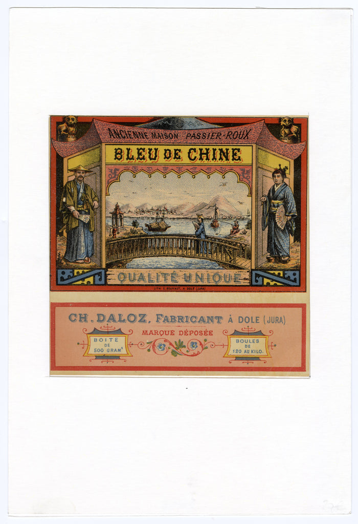 Antique, Unused BLEU DE CHINE Fabric Dye Label, Matted, Chinese, Japanese Graphics