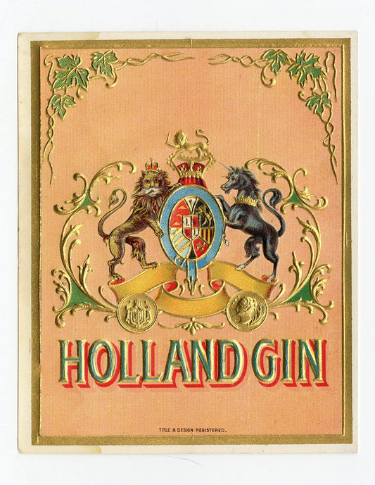 Antique, Unused, Embossed HOLLAND GIN LABEL, Lion, Unicorn