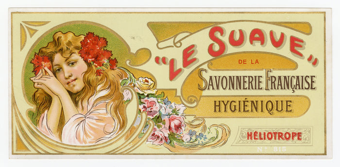 Antique, Unused, French Art Nouveau LE SUAVE Soap Box Label, HELIOTROPE SET