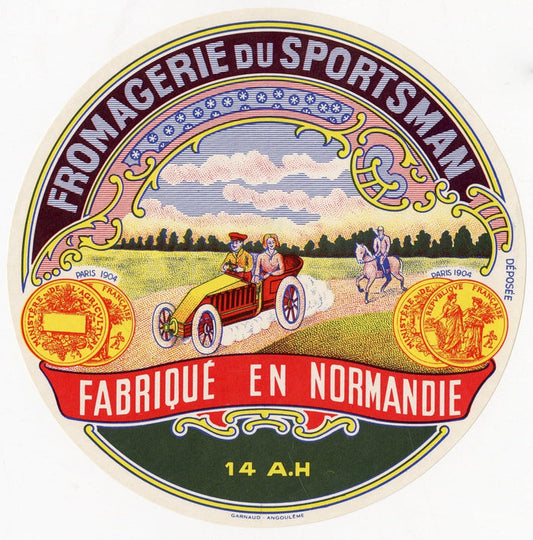 Antique, Unused, French Fromagerie du Sportsman Cheese Label, Auto, Normandy