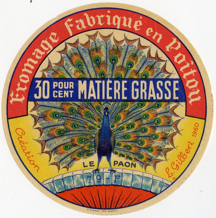Antique, Unused, French Le Paon Cheese Label, Peacock, Poitou
