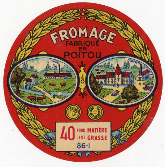 Antique, Unused, French Poitou Fromage Cheese Label, Farm, Town