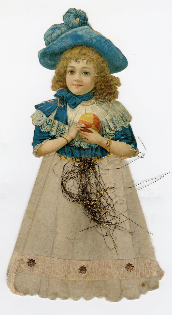 Antique Victorian Die-Cut Scrap Doll, Cotton Skirt, Metallic Thread