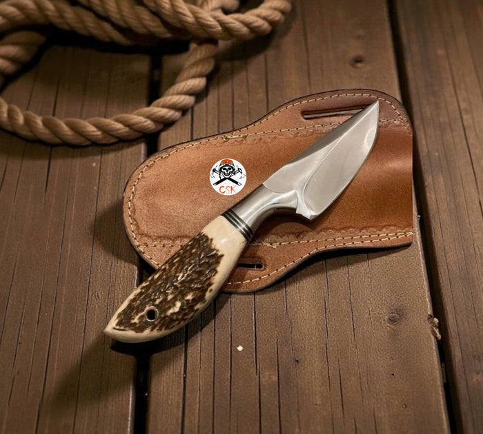 Antler Handle Cross Draw Cowboy Knife With Leather Sheath, Handcrafted Western Blade – Gift For Ranchers