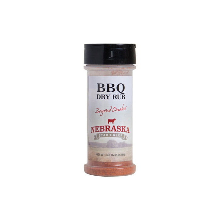 A 5 oz plastic container labeled 'BBQ Dry Rub' by Nebraska Star Beef, with a black lid and a label featuring the brand name and product details.