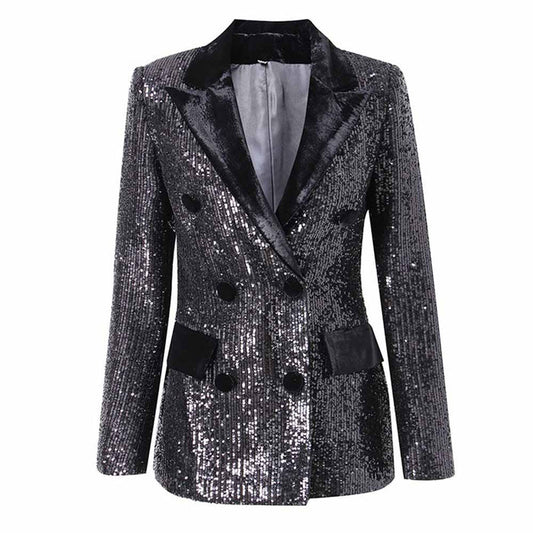 Stylish black sequin double breasted blazer for women with a sleek design and elegant finish