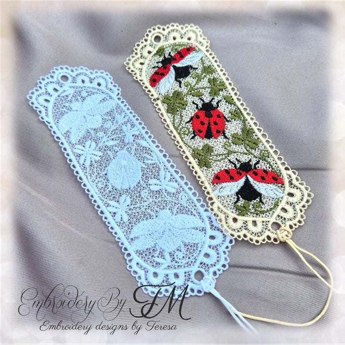 Bookmark Ladybug with leaves/ 5x7 hoop/two variations