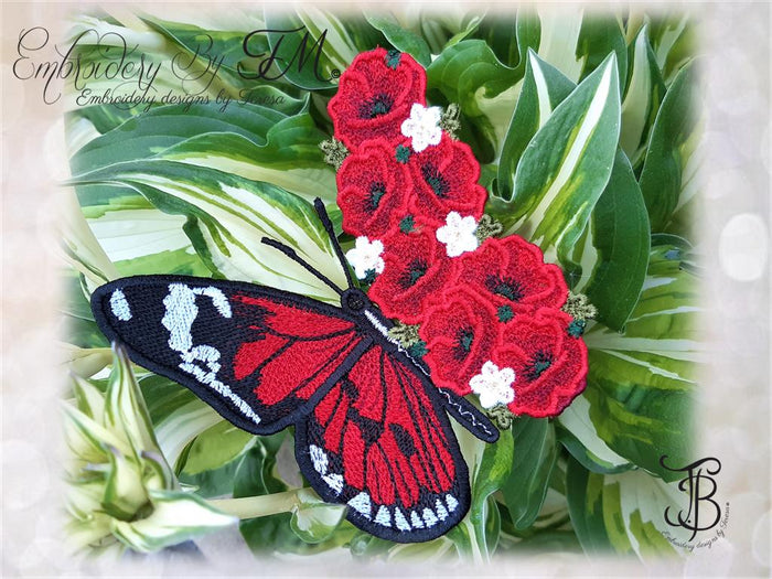 Butterfly with poppies / 5x7 hoop