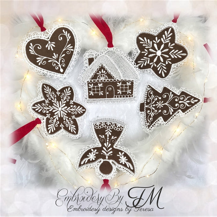 Christmas gingerbread No.1/4x4 hoop /Combination of felt and lace