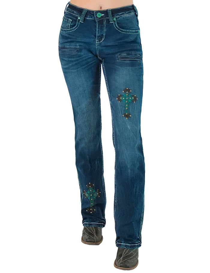 Cowgirl Tuff Ladies Turquoise Crosses Jeans