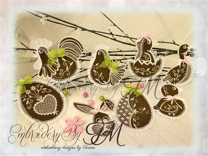 Easter gingerbreads /combination of felt and lace/ 8 pieces and two color variations/ 4x4 hoop