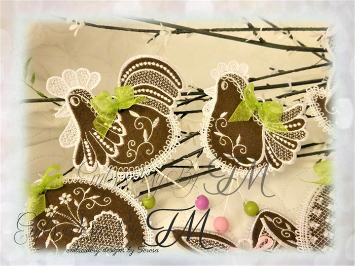 Easter gingerbreads /combination of felt and lace/ 8 pieces and two color variations/ 4x4 hoop