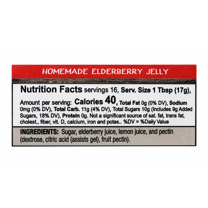 Nutrition facts label for homemade elderberry jelly on a white background