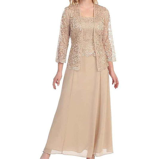 Elegant mother of the bride outfit featuring a beige dress with a beaded lace jacket for a sophisticated look