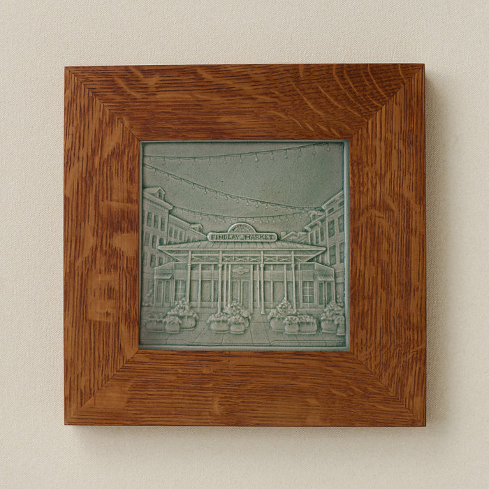 Rookwood Findlay Market City Scene art tile in a golden oak wood frame