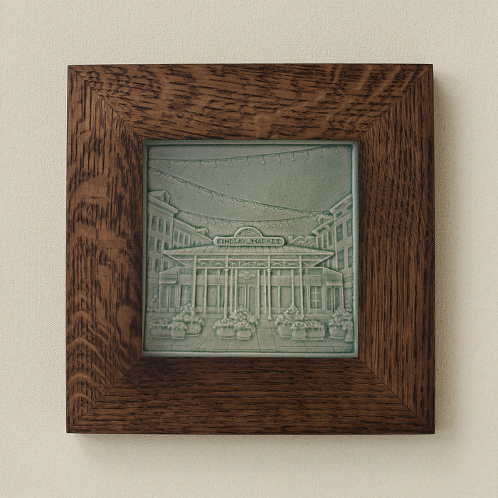 Rookwood Findlay Market City Scene art tile in a dark walnut wood frame