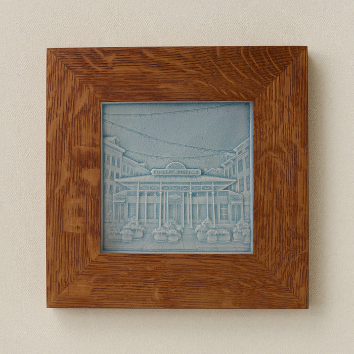 Rookwood Findlay Market City Scene art tile in a golden oak wood frame