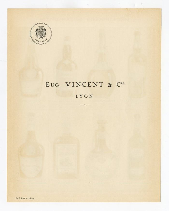French Eugene Vincent & Co. Liqueurs, Main Specialties Alcohol Advertising Lithograph, Lyon